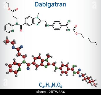 Molécule de dabigatran. C'est un médicament anticoagulant. Formule chimique structurale et modèle moléculaire. Illustration de Vecteur