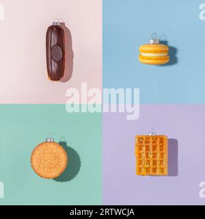 Modèle du nouvel an. biscuit gaufré aux macarons éclatants de noël. Banque D'Images