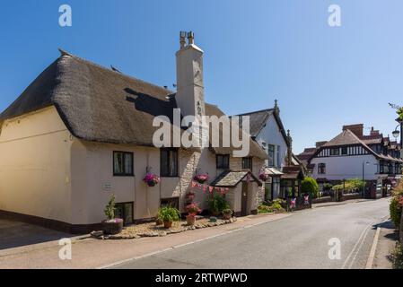 Un chalet au toit de chaume sur la High Street dans le village de Porlock, Exmoor National Park, Somerset, Angleterre. Banque D'Images