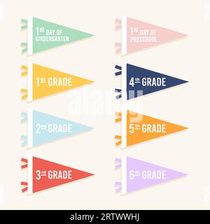 Jeu de drapeaux de fanion de retour à l'école. Premier jour d'école. Icônes colorées. Illustration vectorielle, conception plate Illustration de Vecteur