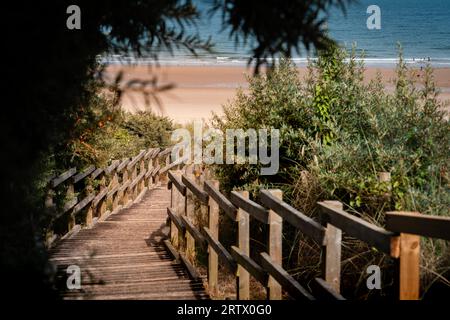 Escalier en bois menant à la promenade de Longsands Beach à Tynemouth, North Tyneside, Angleterre Banque D'Images