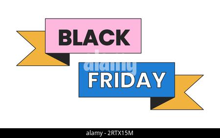 Black friday ruban bannières autocollant marketing de dessin animé linéaire 2D. Illustration de Vecteur
