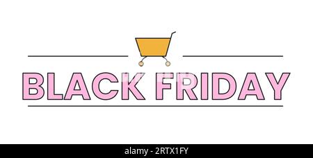 Autocollant marketing de dessin animé linéaire Black friday trolley 2D. Illustration de Vecteur