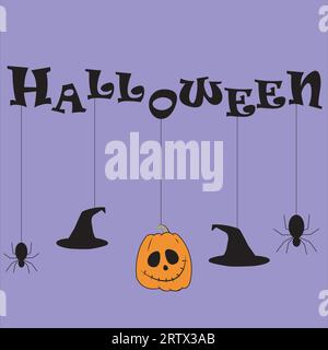 Bannière Halloween avec citrouille, araignées et chapeaux de sorcière sur un fond violet Illustration de Vecteur