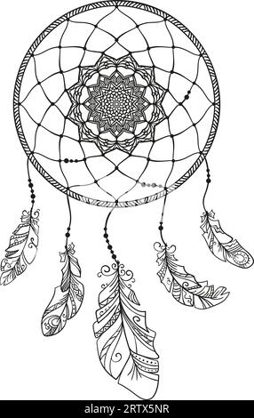 dreamcatcher dessiné à la main avec des plumes, page pour livre de coloriage pour adultes, vecteur d'élément de conception isolé ethnique Illustration de Vecteur