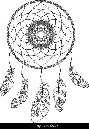 dreamcatcher dessiné à la main avec des plumes, page pour livre de coloriage pour adultes, vecteur d'élément de conception isolé ethnique Illustration de Vecteur