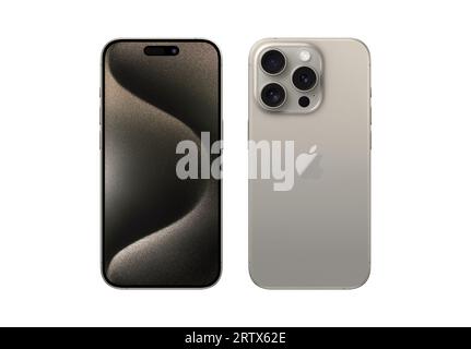 Antalya, Turquie - 14 septembre 2023 : Nouvelle maquette iPhone 15 pro en titane naturel avec angles arrière et avant Banque D'Images