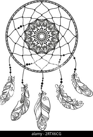 dreamcatcher dessiné à la main avec des plumes, page pour livre de coloriage pour adultes, vecteur d'élément de conception isolé ethnique Illustration de Vecteur