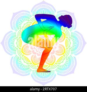 Silhouette colorée Parivritta Utkatasana. Pose de chaise pivotée. Illustration vectorielle isolée. Mandala Illustration de Vecteur