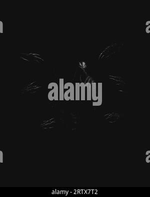 Lumière dans l'obscurité, illustration d'horreur sombre, monstre tenant un papillon brillant dans l'obscurité Banque D'Images