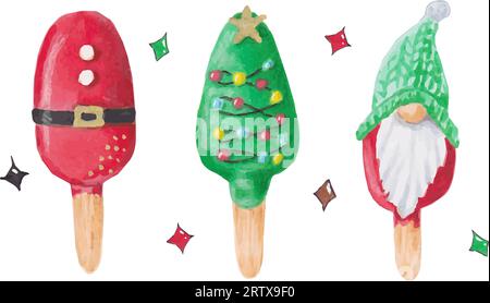 Un ensemble de gâteaux ou de glaces pour Noël et nouvel an. Père Noël, sapin de Noël, nain. Pour les concepteurs, la conception de nourriture, menu de magasin.Set de doux simple Illustration de Vecteur