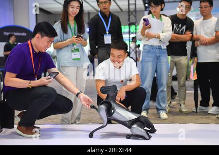 (230915) -- CHANGSHA, 15 septembre 2023 (Xinhua) -- les visiteurs interagissent avec un chien robot lors de la Conférence mondiale sur l'informatique 2023 à Changsha, dans la province du Hunan en Chine centrale, le 15 septembre 2023. La Conférence mondiale de l'informatique 2023 a débuté vendredi à Changsha. La conférence, avec le thème «calculer le monde pour créer Une nouvelle ère-de nouveaux changements dans l'industrie informatique», a été organisée par le gouvernement provincial du Hunan et le ministère de l'Industrie et de la technologie de l'information. Outre la cérémonie d'ouverture et le forum d'ouverture, 13 activités thématiques, concours et expositions seront organisés Banque D'Images