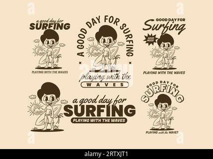 Une bonne journée pour le surf, illustration vintage d'un garçon debout sur la plage tenant une planche de surf Illustration de Vecteur