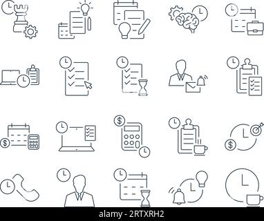 Jeu d'icônes de gestion du temps. Productivité, efficacité, planification, planification. Contour modifiable. Collection vectorielle d'icônes simples Illustration de Vecteur