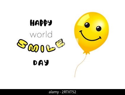 Affiche sur les réseaux sociaux de la Journée mondiale du sourire ou concept de carte de voeux. Journée internationale du sourire félicitations créatives. Ballon jaune 3D et texte moderne Illustration de Vecteur