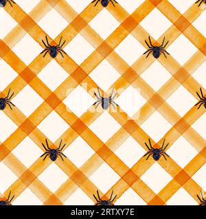 Motif sans couture araignées à carreaux à rayures aquarelle. Rayures oranges et araignées de fond. Texture rayée dessinée à la main à l'aquarelle. Imprimé Halloween pour c Banque D'Images