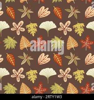 Feuilles d'automne dessinées à la main organiques sur Brown Seamless Pattern Design Banque D'Images