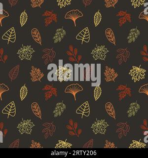 Vibrant Fall Leaves Line Art Seamless Pattern Design Banque D'Images