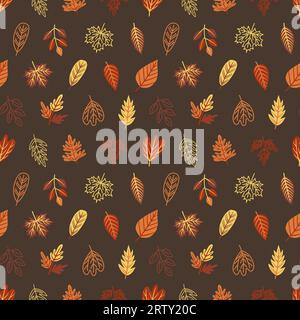 Dainty Fall Leaf Doodles sur Rustic Brown Seamless Pattern Design Banque D'Images