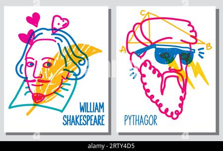 Vector Line illustration du célèbre poète, william Shakespeare et ancien scientifique Pythagore Illustration de Vecteur