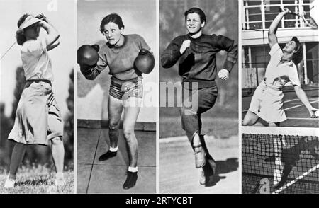 États-Unis 1956 composite de quatre portraits en pied de Mildred 'Babe' Didrickson Zaharias : jouer au golf à des Moines en 1946, boxe à New York en 1934, courir à White Sulphur Springs, W. va. En 1932, et jouer au tennis à Beverly Hills, Californie en 1944] Banque D'Images