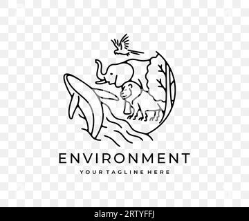 Écosystème, animaux, plantes, poissons et oiseaux, conception graphique linéaire. Environnement, lion, éléphant, perroquet d'acas, baleine, océan et arbres, conception vectorielle Illustration de Vecteur