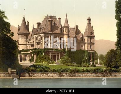 Château de Schadau et rivière Aare, Thun, Berne, Suisse 1890. Banque D'Images