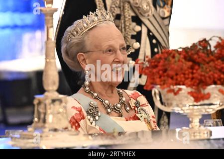 Stockholm, Sverige. 15 septembre 2023. STOCKHOLM 20230915 la Reine Margrethe du Danemark pendant le dîner du Jubilé au Palais Royal de Stockholm, Suède, le 15 septembre 2023, à l'occasion du 50e anniversaire de l'accession au trône de SM le Roi Foto : Jonas Ekströmer/TT/kod 10030 crédit : TT News Agency/Alamy Live News Banque D'Images