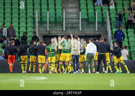 Groningen, pays-Bas. 15 septembre 2023. GRONINGEN, PAYS-BAS - SEPTEMBRE 15 : les joueurs d'ado Den Haag célèbrent la victoire lors du match néerlandais Keuken Kampioen Divisie entre le FC Groningen et ado Den Haag à Euroborg le 15 septembre 2023 à Groningen, pays-Bas (photo de Pieter van der Woude/ Orange Pictures BV/Alamy Live News Banque D'Images