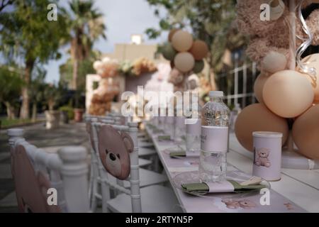 Fête d'anniversaire d'enfant, thème de fête d'anniversaire d'enfants ours teady ou thème d'ours grizzly. Petite table à dîner pour enfants avec assiettes et eau. Fête d'enfants en plein air WIT Banque D'Images