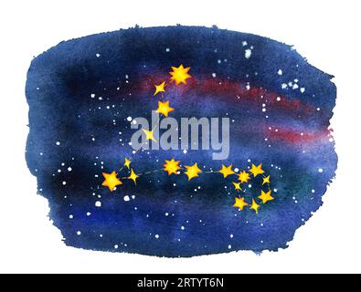 Constellation de poissons sur fond de ciel nocturne aquarelle sombre. Signe du zodiaque. Étoiles jaunes. Illustration dessinée à la main isolée sur blanc Banque D'Images