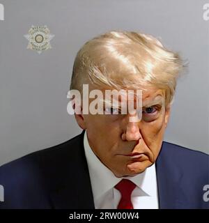 2023 , 25 août , Atlanta , Géorgie , USA : l'ex 45Th Président des Etats-Unis DONALD John TRUMP ( né le 14 juin 1946 à New York ), MUGSHOT libéré après arrestation à Atlanta , FULTON COUNTY Patrick Labat SHERIFF OFFICE . Sur des accusations de complot pour renverser les élections de 2020 de l'État entraîne une arrestation qui a vu le premier coup de fouet d'un ancien président américain. Trump a dû payer une caution de 200 000 000 $ pour être libéré de la prison d'Atlanta en attendant son procès. Photographe inconnu . - MUG SHOT - MUGSHOT - MUG-SHOT - FOTO SEGNALETICA - PRESIDENTE DEGLI STATI UNITI D'AMERICA - POLIT Banque D'Images