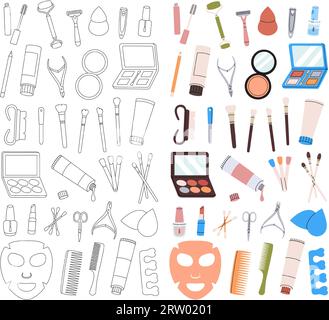 Outils de maquillage pour la conception de salon de beauté. Bannière verticale d'équipements de maquillage. Ombre à paupières, poudre, pinceaux, rouge à lèvres, brillant à lèvres, crayon à lèvres, mascara, crème. Illustration de Vecteur