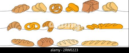 Pains frais dessin continu coloré d'une ligne. Pain de blé, bretzel, ciabatta, croissant, bagel, baguette française continue illustration d'une ligne. Illustration de Vecteur