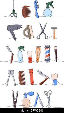 Salon de coiffure dessin continu coloré d'une ligne. Brosse de maquillage, tondeuse à cheveux, peigne, lisseur, ciseaux, sèche-cheveux illustration continue d'une ligne Illustration de Vecteur