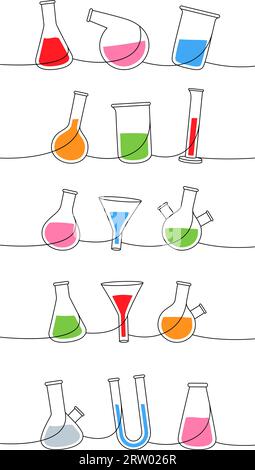 Laboratory glass equipment one line colored continuous drawing. Conical flask, glass beaker, round bottom flask, filter funnel, U tube, glassware Illustration de Vecteur