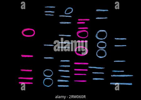 Signes et symboles bâtons ronds et colorés, lignes de comptage, ovale, cercle pour la conception sur fond noir. Banque D'Images