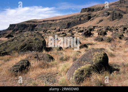 Rochers du sentier en dessous du barrage de Swan Falls, Snake River Birds of Prey National conservation Area, Idaho Banque D'Images