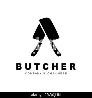 Conception de logo de boucher, modèle vectoriel d'outil de coupe de couteau, conception d'illustration de marque de produit pour boucher, ferme, magasin de boucher Illustration de Vecteur