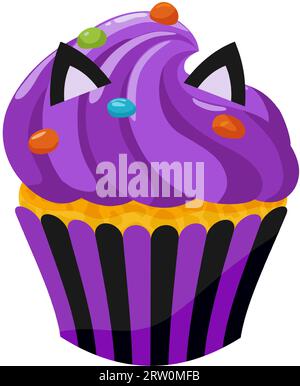 Un cupcake violet avec des oreilles de chat et des saupoudrages colorés. Produits de boulangerie sucrés pour les fêtes. Illustration vectorielle. Illustration de Vecteur