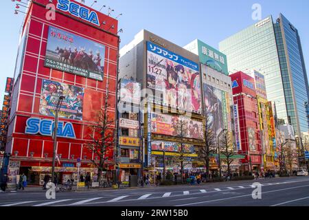 Tokyo, Japon, 19 décembre 2014 : rue et bâtiments colorés dans le quartier Akihabara Banque D'Images