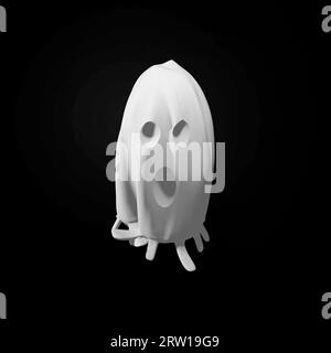 Fantôme blanc mignon Halloween Spooky isolé sur fond noir. Illustration de rendu 3D. Banque D'Images