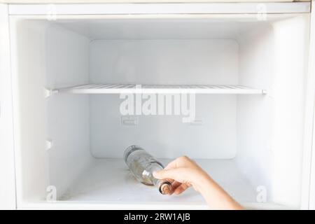 La main d'une femme sort une bouteille de boisson alcoolisée du congélateur, mauvaise habitude et alcoolisme, boire seule, crise Banque D'Images