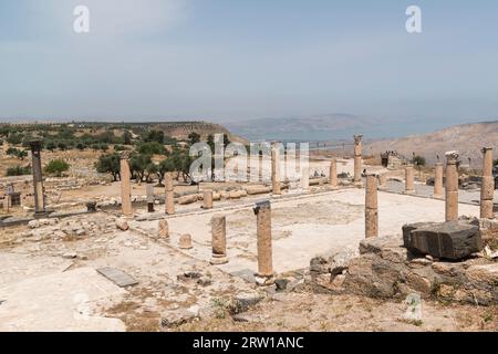 Les vestiges de la terrasse de l'église byzantine à l'ancienne Gadara, Umm Qais, Jordanie Banque D'Images