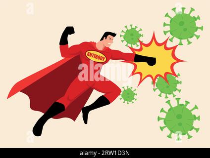 Illustration vectorielle plate simple d'un super-héros combattant des virus. Coronavirus covid-19 concept dans l'illustration de style dessin animé Illustration de Vecteur