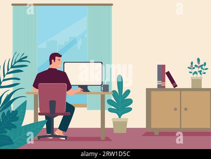 Illustration de dessin animé d'un homme travaillant à la maison. Freelance travaillant sur ordinateur à la maison. Illustration vectorielle de style plat Illustration de Vecteur