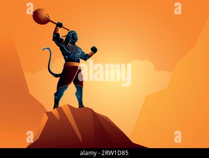 Illustration vectorielle de Hanuman debout sur le rocher, Dieu indien de l'hindou Illustration de Vecteur