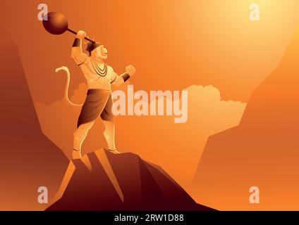 Illustration vectorielle de Hanuman debout sur la montagne, Dieu indien de l'hindou Illustration de Vecteur