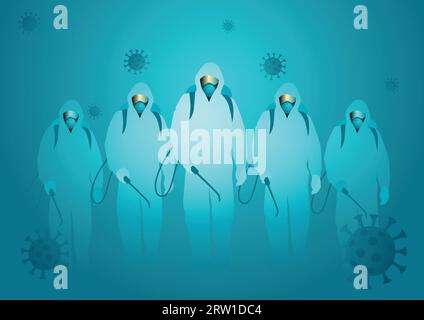 Illustration vectorielle d'hommes en costume Hazmat prêt à pulvériser du désinfectant pour nettoyer et désinfecter le virus, Covid-19, coronavirus, mesure préventive Illustration de Vecteur
