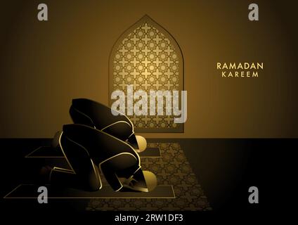 Illustration vectorielle de deux hommes priant dans la mosquée sous le reflet de la fenêtre. Carte de voeux Ramadan Kareem Illustration de Vecteur